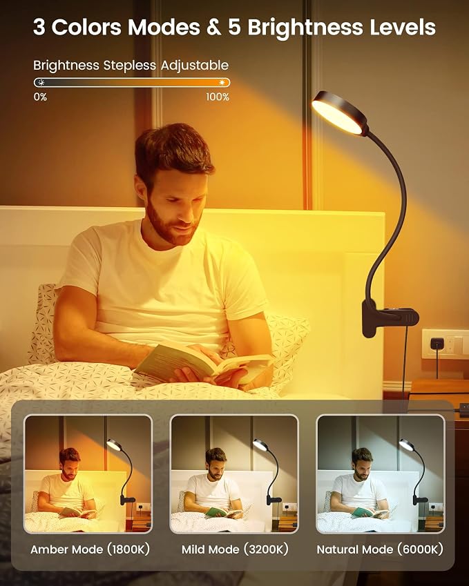 Glocusent 5W Desk Lamp with Remote, 3 Colors & 5 Brightness Reading Lights | Flexible Gooseneck Clip on Lamp, 30-Min Timer Reading Lamp, Perfect Clip on Light for Bunk,Bed,Headboard,Table,Work,Craft