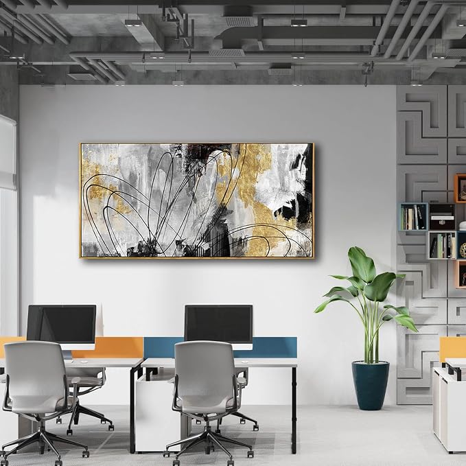YJYart Abstract Wall Art Office Decor Gold Wall Decor for Living Room Black and White Artwork Line Art Frame Room Decor for Bedroom 24X48 Inch