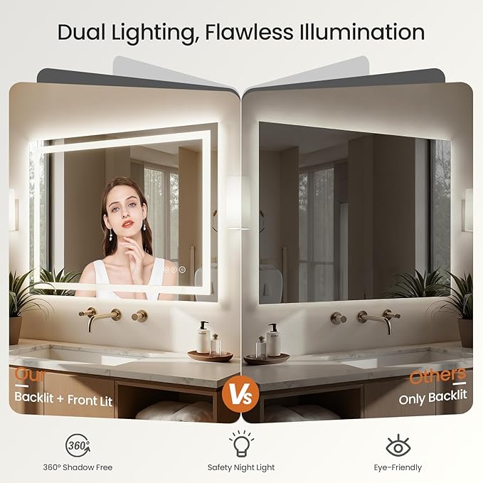 72X36 LED Bathroom Mirror with Lights, Anti-Fog, Dimmable - Lighted Bathroom Vanity Mirror with Front & Back Light, 3 Color Temperatures, Memory Function, Tempered Glass (Horizontal/Vertical)