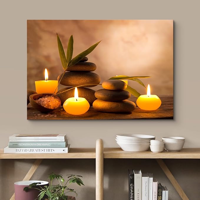 wall26 Canvas Print Wall Art Candles with Massage Stones in Romantic Brown Atmosphere Floral Nature Photography Realism Bohemian Scenic Relax/Calm Cool for Living Room, Bedroom, Bathroom - 12"x18"