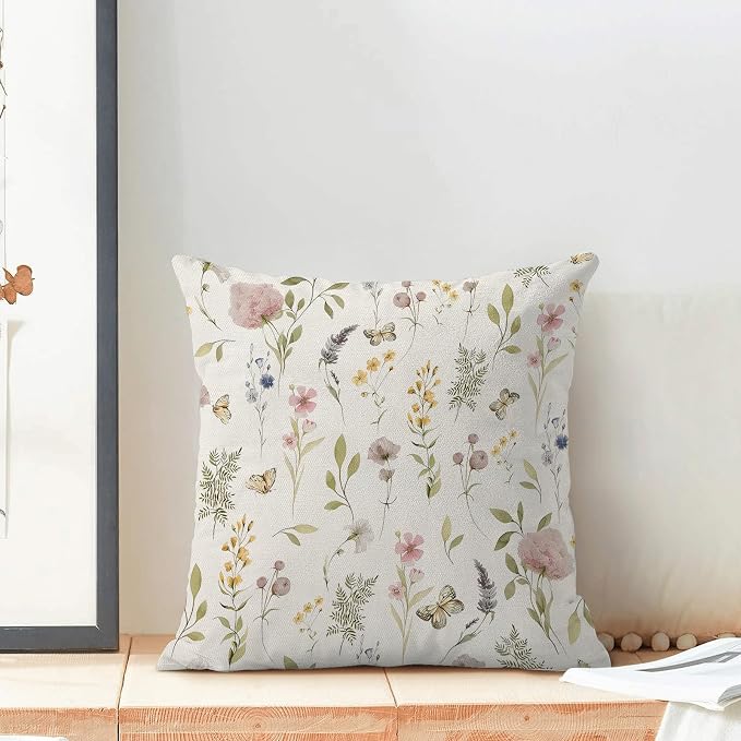 Spring Pillow Covers 16x16 Inch Set of 2, Sage Green Pink Wild Flower Throw Pillows Case,Colorful Seasonal Floral Plant Outdoor Decorative Farmhouse Decor Cushion Covers for Home Sofa Bed Couch
