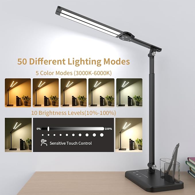 Woputne LED Desk Lamp Dual Heads, Dual USB Port, Height Adjustable, 15W | 5 Light Modes & Dimmable Brightness,Desk Lamps for Home Office Bedside Lamp for Reading, Craft, Work, Study (Black)