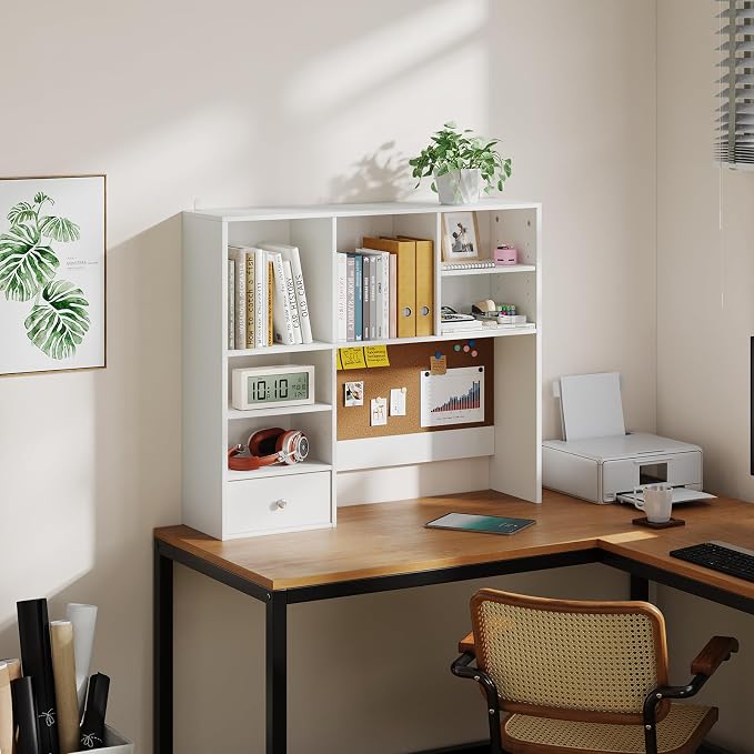 Desk Hutch Dorm with Cork Board, Shelves and Drawer | Desktop Bookshelf for College Dorm, Student Bedroom, White