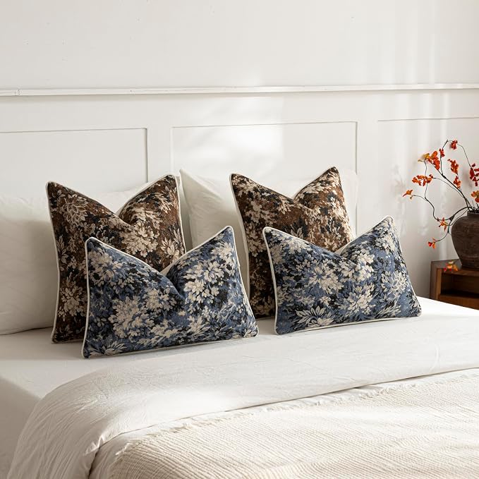 Pack of 2 Vintage Floral Throw Pillow Covers 20x20 Boho Farmhouse Accents Chenille Square Decorative Pillow Cases for Living Room Couch Bed Home Decor, Dark Brown