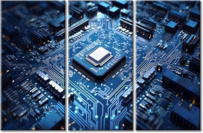 3 Pieces Circuit Board Pictures Pictures for Living Room Technology Blue AI Wall Art Prints on Canvas Chip Painting Modern Artwork Wall Decor for Bedroom Office Bathroom Decor Ready to Hang, (42"Wx28"H)