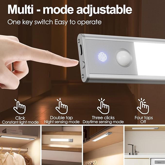 Quntis LED Under Cabinet Lighting Rechargeable, Wireless Motion Sensor Light Indoor, 2 Pack 12" 3000-6000K Dimmable Closet Lights Battery Operated, Magnetic/Stick on Under Counter Lights for Kitchen