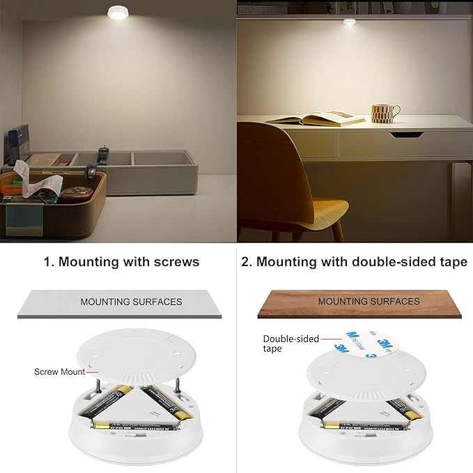 Wireless LED Puck Lights, Touch Activated Tap Ligh Push Light, Battery Operated Stick On Lights for Under Cabinet, Kitchen, Closet & Counters, 3-Pack, White (Included 3AAA Batteries)