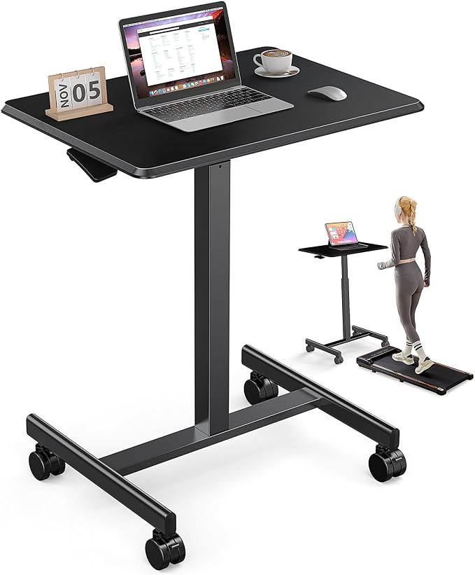 DUMOS Mobile Rolling Desk with Wheels Adjustable Height | Small Standing Desks Portable Laptop PC Table, Computer Workstation for Home Office Small Space, Modern Black