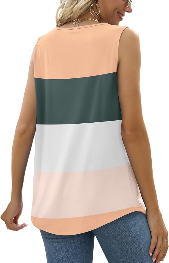 Saloogoe Summer Tank Tops for Women Loose Fit Pleated Square Neck Sleeveless Tops Curved Hem Flowy