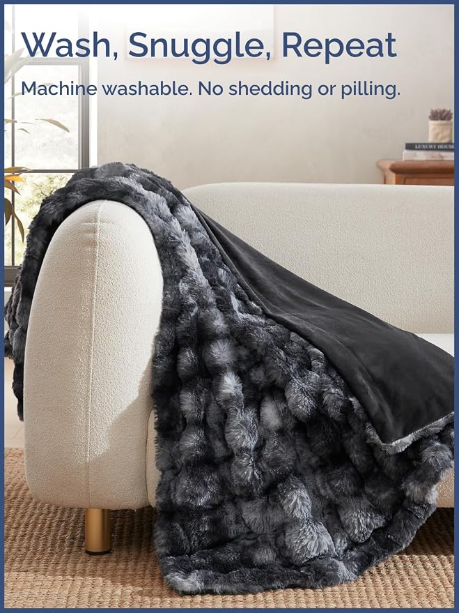 3D Fleece Bubble Blanket Throw - Rabbit Blanket - 50" x 60", Marble Black | Soft Fluffy Faux Fur Blanket for Couch Sofa & Chair, Cozy Gifts for Women, Tie Dye Cloud Throw Bed Cover, Thick Plush Bedding