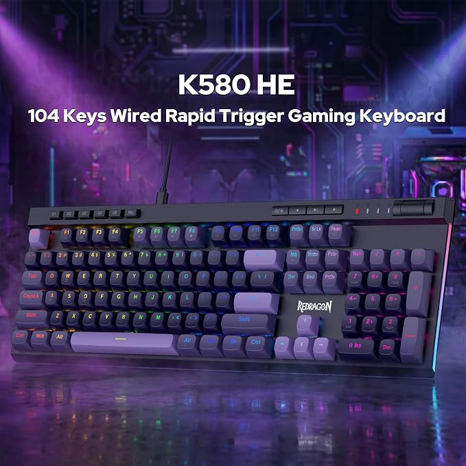 Redragon K580 Wired RGB Hall-Effect Magnetic Gaming Keyboard, Media Wheel | 0.1mm Adjustable Actuation for Valorant & FPS Stop-Shoot Precision, Zero Input Delay, 8K Polling, Fast Onboard Combo G Keys