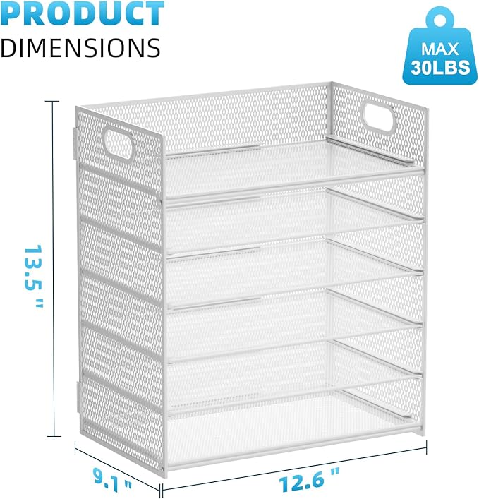 Marbrasse 6 Tier Paper Organizer Letter Tray - Mesh Desk File Organizer with Handle, Paper Sorter for Letter/A4 Office File Folder Holder - White