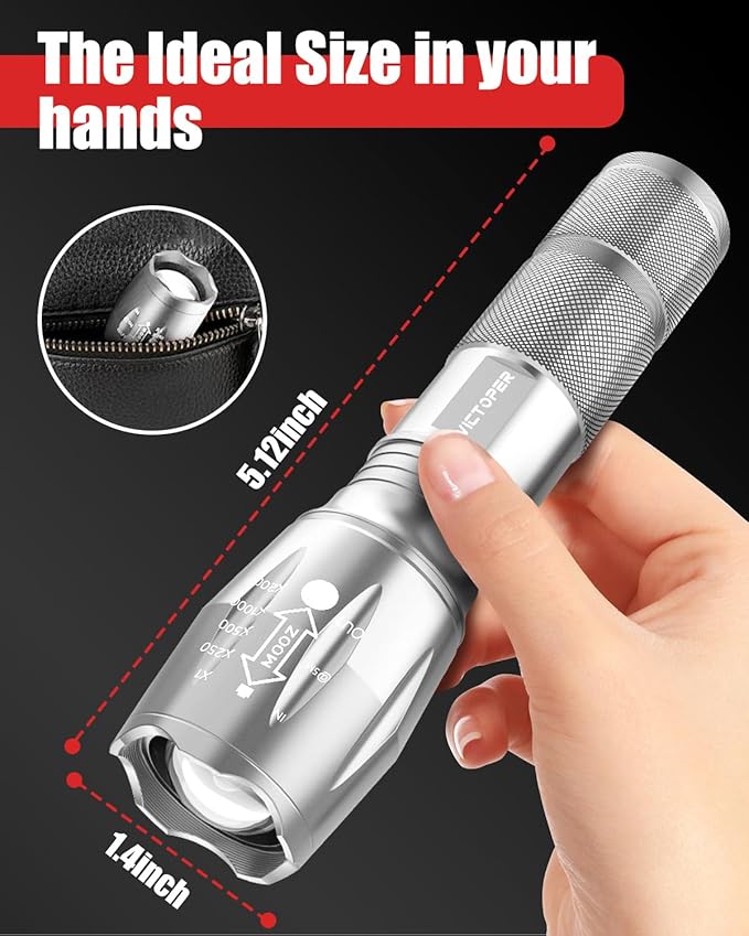 Victoper LED Flashlight 2 Pack Silver, Bright High Lumens Tactical Flashlights High Lumens with 5 Modes, Waterproof Zoomable Flash Light for Outdoor, Gifts for Hunting Camping Essentials Gear