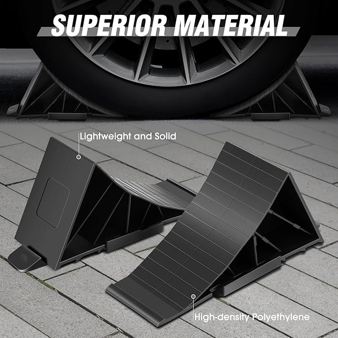 DNA Motoring 2pcs Wheel Chocks Tire Chocks, Trailer Wheel Chocks RV Wheel Chocks for RV Trailer, Keeps Trailer in-Place, with Bracket, Black, TOOLS-00697
