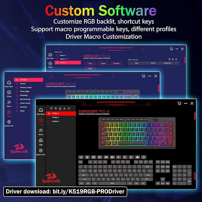 Redragon Wireless Gaming Keyboard, RGB Backlit, Portable 60% Design, Black | Bluetooth/2.4GHz/USB-C Wired, Mini Quiet Macro Membrane Keyboard, Rechargeable 4000mAh Battery, Anti-Ghosting for Win/MAC