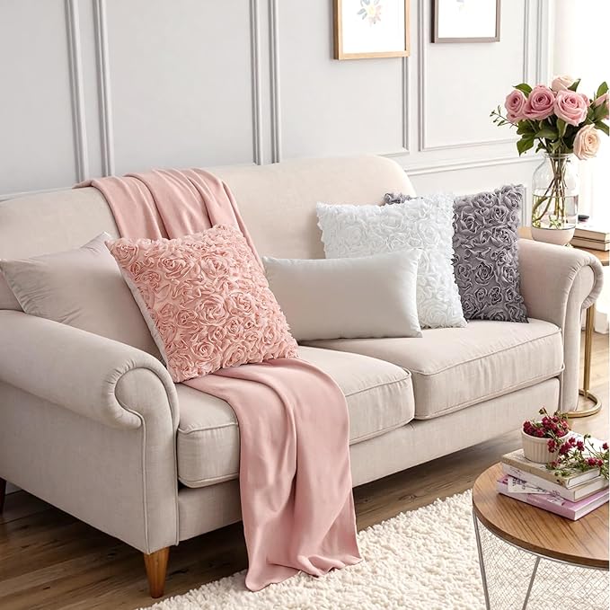 MIULEE Decorative Rose Flower Pillow Cover Pack of 1 Peach Pink 12x12 Inch | Cute Romantic Stereo Chiffon Throw Pillow Cover Aesthetic Solid Pillowcase for Girl Coquette Room Decor Coach Bedroom