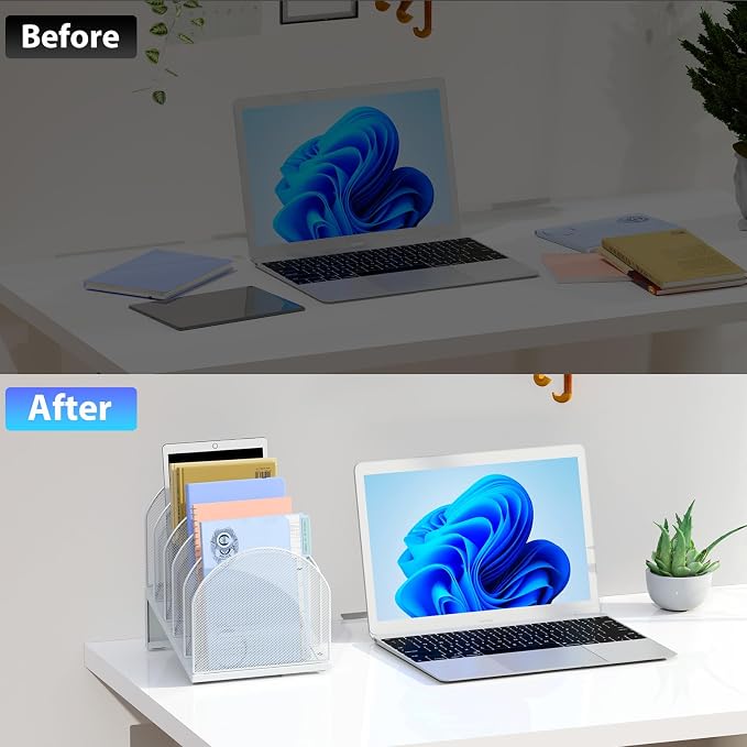 gianotter Desktop File Organizer with 5 Compartments | Desk Organizer Paper Organizer for Desk Workspace Organizers for Office Supplies (White, Inclined Style)