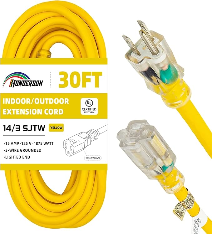 Indoor Outdoor Extension Cord Weatherproof with Lighted End, UL Listed, 14 Gauge 30FT Yellow 3 Prong Heavy Duty, 14/3 SJTW 15A Power Cord for Outdoor Lights, Lawn