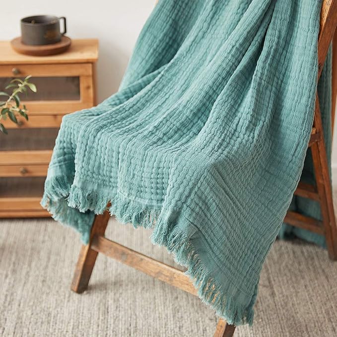 Simple&Opulence Cotton Muslin Throw Blanket for Bed, Couch, Knit Woven Gauze Blanket with Tassels, Soft Lightweight Cozy Pre-Washed Breathable Farmhouse Decoration for All-Season (Dark Green)