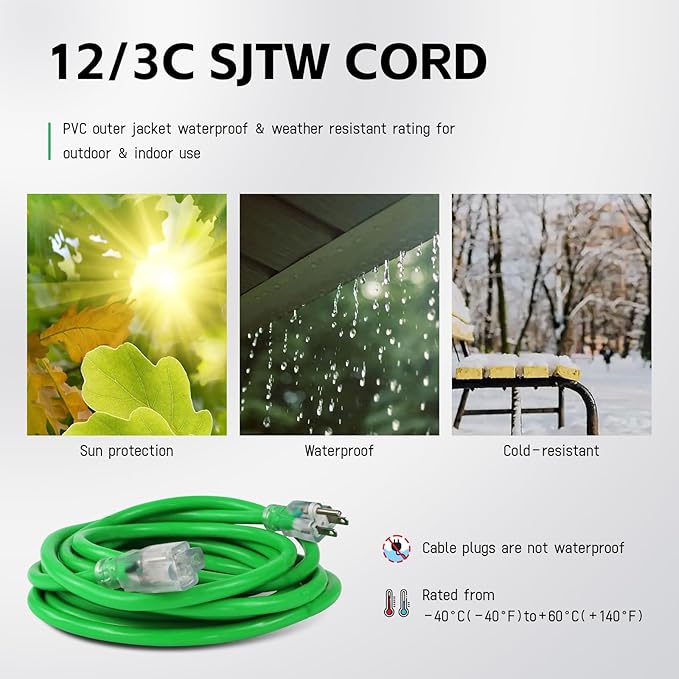 EP 10 Ft Outdoor Extension Cord, 12/3 SJTW Heavy Duty Waterproof Power Cable, 3 Prong Grounded Plug, Lighted End, for Lawn, Garden, Appliances, Green
