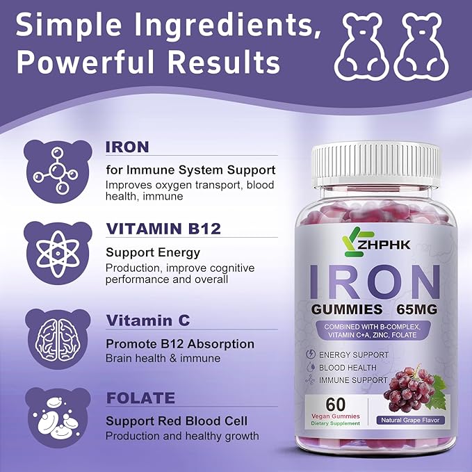 Vegan Iron Supplement 65mg, Iron Gummies for Women and Men with Vitamin C 250mg, Vitamin A, B-Complex, Biotin, Zinc & Folate, Folate for Energy Boost, Immune Health, 120 Count