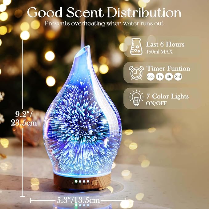 Porseme Oil Diffuser 3D Glass Aromatherapy Ultrasonic Humidifier, Air Refresh Auto Shut-Off, Timer Setting, BPA Free for Home Hotel Yoga Leisure SPA Gift 150ml Last 6H
