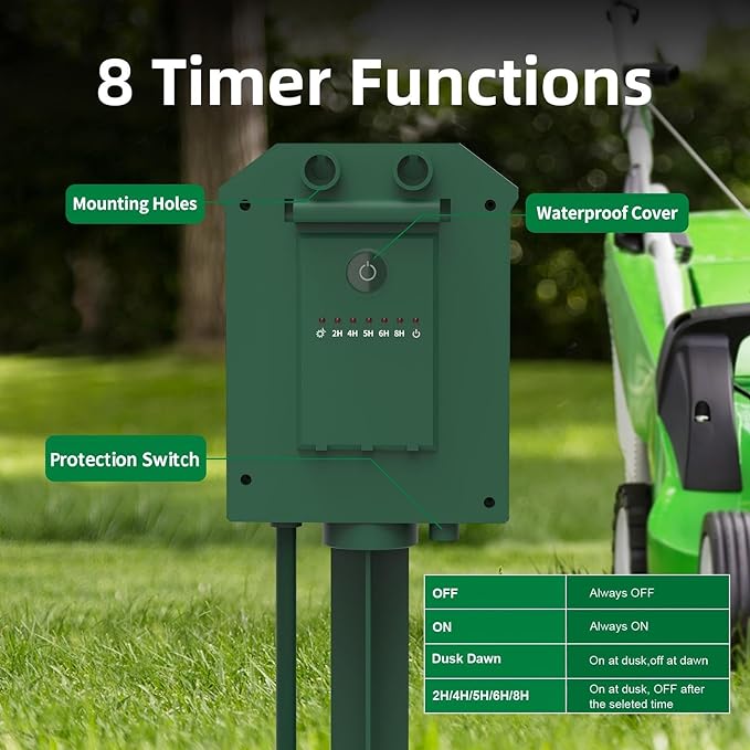 Outdoor Power Stake Timer, Remote Control Dusk to Dawn Light Timer, 30FT Extension Cord Waterproof, 6 Grounded Outlets for Graden and Yard Decorations, ETL Listed