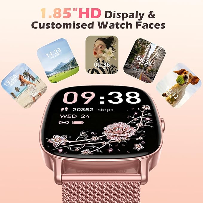 Smart Watch for Women, Answer/Make Call,1.85'' Ultra-Clear Screen Fitness Tracker with Heart Rate/Sleep/SpO2 Monitor,Smartwatch for iPhone/Samsung/Android,120+ Sport Modes,IP68 Waterproof with 2 Bands