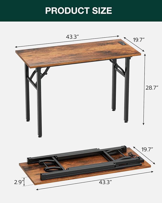 Frylr Small Folding Computer Desk – 43.3 Inch Portable Table for Craft and Study, Lightweight Desk for Small Spaces, Foldable Laptop Table Built-in AC/USB Outlets for Convenience, Rustic Brown