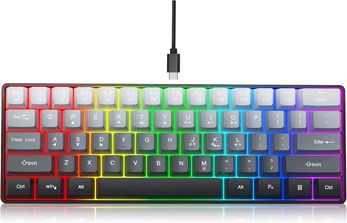 Snpurdiri 60% Wired Gaming Keyboard, 61 Keys RGB (Grey-Black) | Backlit Ultra-Compact Small Gaming Keyboard, for PC/Mac Gamer, Typist, Travel, Easy to Carry on Business Trip