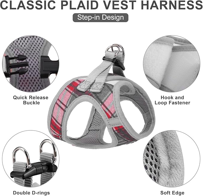 EXPAWLORER Classic Plaid Puppy Harness - Small Dog Harness and Leash Set - Dog Collar and Leash Set with AirTag Holder, Soft Padded Step in Dog Vest Harness No Pull Reflective for Outdoor, Grey XS