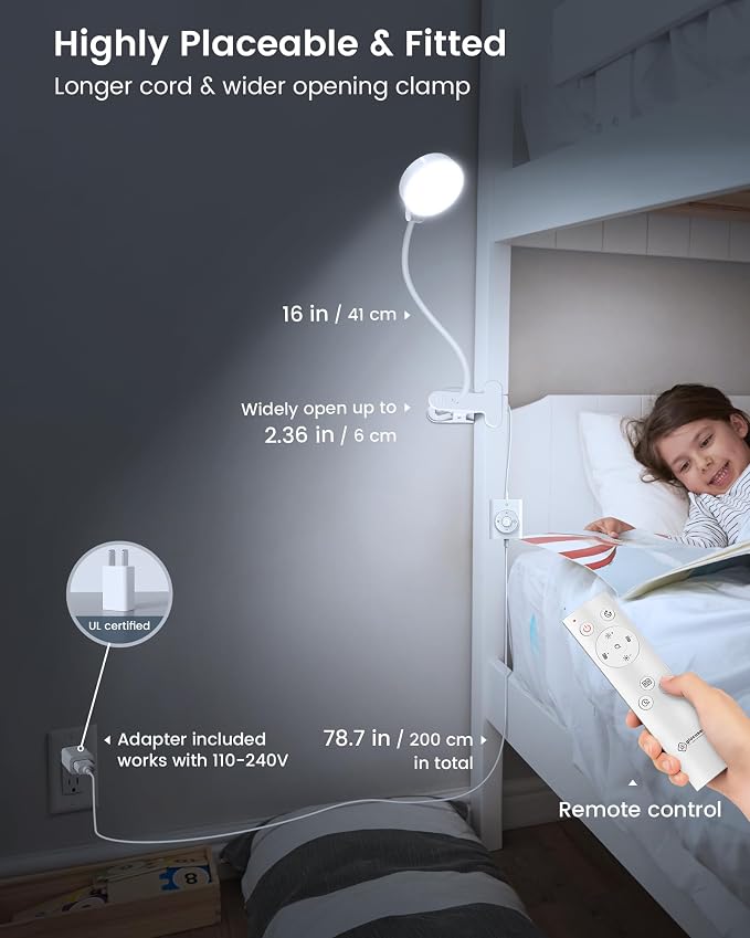 Glocusent 5W Desk Lamp with Remote, 3 Colors & 5 Brightness Reading Lights | Flexible Gooseneck Clip on Lamp, 30-Min Timer Reading Lamp, Perfect Clip on Light for Bunk,Bed,Headboard,Table,Work,Craft