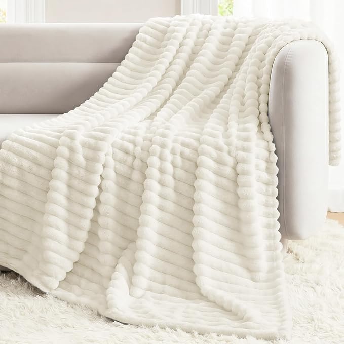 Cream White Blankets Queen Size for Bed, 90 x 90 Inch | 300GSM Ribbed Fleece Blanket, Soft, Cozy & Lightweight, OEKO-TEX Certified, All-Season for Bedrooms, Guest Rooms & Gifting