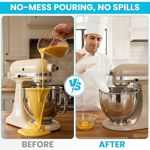 Flour Funnel for KitchenAid Mixer with 5-Piece Measuring Spoon Set, Wide Mouth Pouring Chute Attachment, Mess-Free Anti-Spill & Anti-Splash,Fits Tilt-Head 4.5-5 Qt (KSM150),Dishwasher Safe Baking Tool
