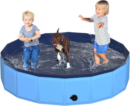 63" x 12" Foldable Dog Pool - Collapsible Hard Plastic Kiddie Pool for Dogs & Kids, Non-Slip Pet Bath Tub for Outdoor Backyard Use, Lightweight & Portable (Blue)