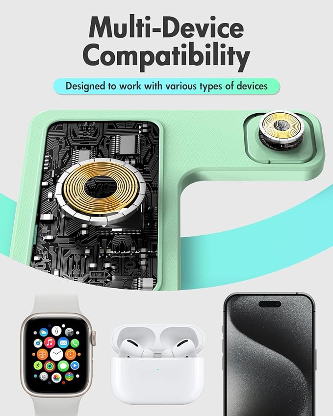 Wireless Charger Stand Charging Station: 3 in 1 Charger Multiple Devices for Apple iPhone 17 16e 16 15 14 Pro Max 13 12 11 for Watch 11 10 9 8 7 6 5 4 3 2 SE and Ultra & Airpods Series, Light Green