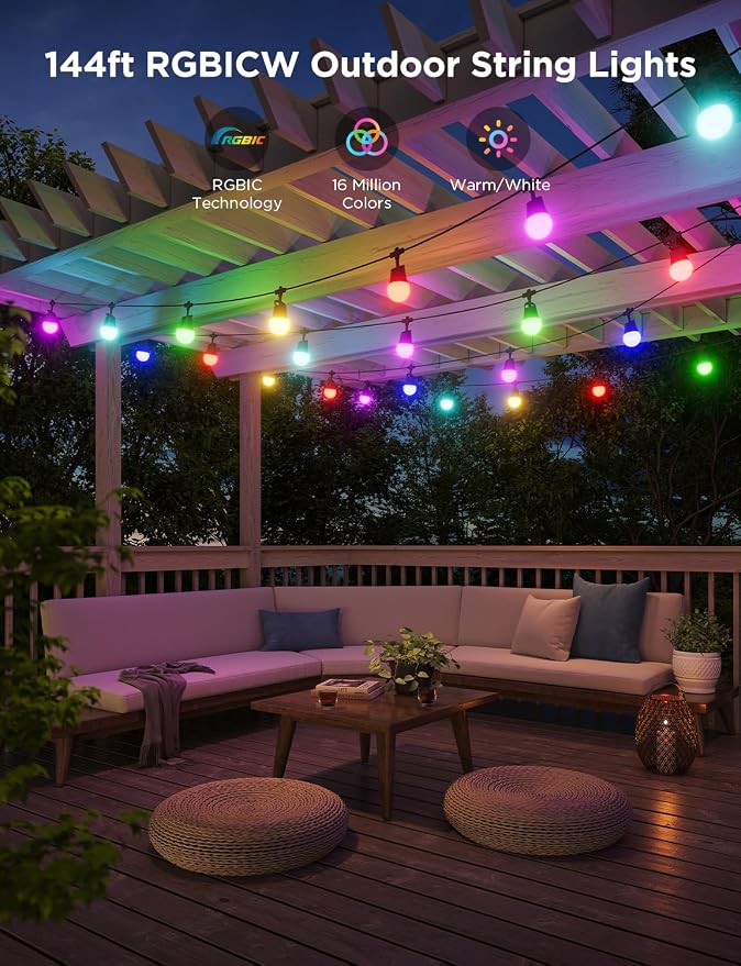 Govee Smart Outdoor String Lights 2, 144ft RGBIC Patio Lights with 45 Bulbs | Dimmable Warm White LED Bulbs, IP65 Waterproof, 47 Scene Modes for Backyard, Balcony, Work with Alexa, App Control