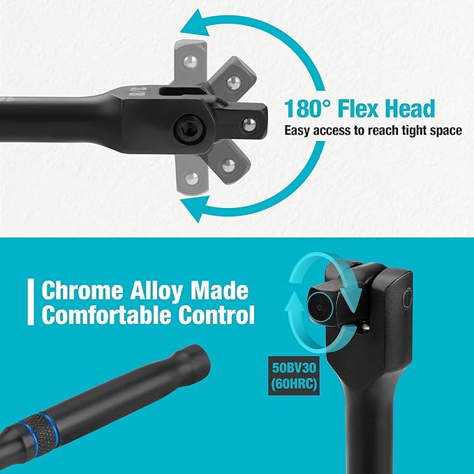 DURATECH 3PCS Breaker Bar Set, 1/4", 3/8", 1/2" Drive, 180°Rotatable Head, 6", 10”, 15" Length, Premium Chrome Alloy Made, Black