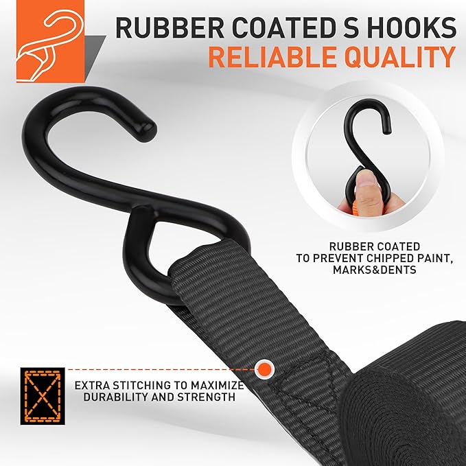HORUSDY Ratchet Straps, 2,200 LB Break Strength, 4-Pack 15FT Ratchet Tie Down Straps Set for Motorcycle Straps Tie Downs, Appliances, Lawn Equipment, Cargo Straps for Trucks. (Black)