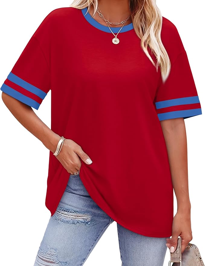 WIHOLL Womens T Shirts Loose Fit Short Sleeve Tees Crew Neck Color Block Summer Tops 2026 Fashion