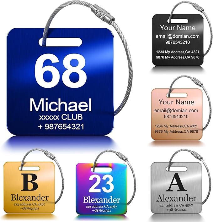 Customized Stainless Steel Luggage Tags: Personalize Your Suitcases, Backpacks, and Bags with Your Text - Custom Initial Text Name ID,Number(4 Pack)