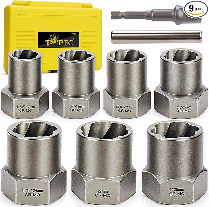 Topec Bolt Extractor Kit Heavy Duty, 9-Piece 1/2'' Drive Deep Bolt Extractor Socket Set, Easy Out Broken Bolt Extractor Set and Lug Nut Remover, for Stripped, Rounded, Damaged Bolts & Nuts Screws