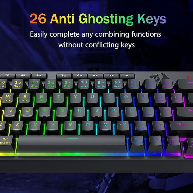 Redragon Wireless Gaming Keyboard, RGB Backlit, Portable 60% Design, Black | Bluetooth/2.4GHz/USB-C Wired, Mini Quiet Macro Membrane Keyboard, Rechargeable 4000mAh Battery, Anti-Ghosting for Win/MAC