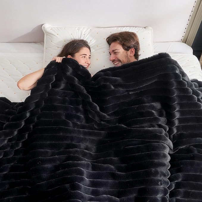 Cozy Bliss Faux Fur Throw Blanket for Couch, Cozy Warm Plush Striped Blanket for Sofa Bedroom Living Room,60 * 80 Inches Black