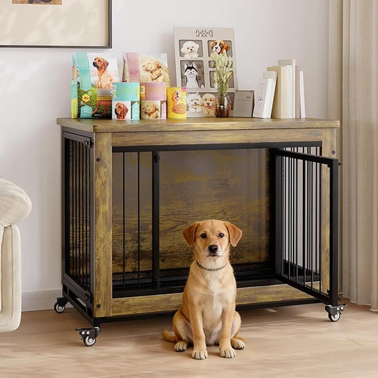 38.6 Inch Rustic Wooden Dog Crate Furniture with 3 Doors, Heavy Duty Indoor Dog Kennel Side Table with Wheels and Removable Tray, Easy-Clean Pet House Cage for Small to Medium Dogs