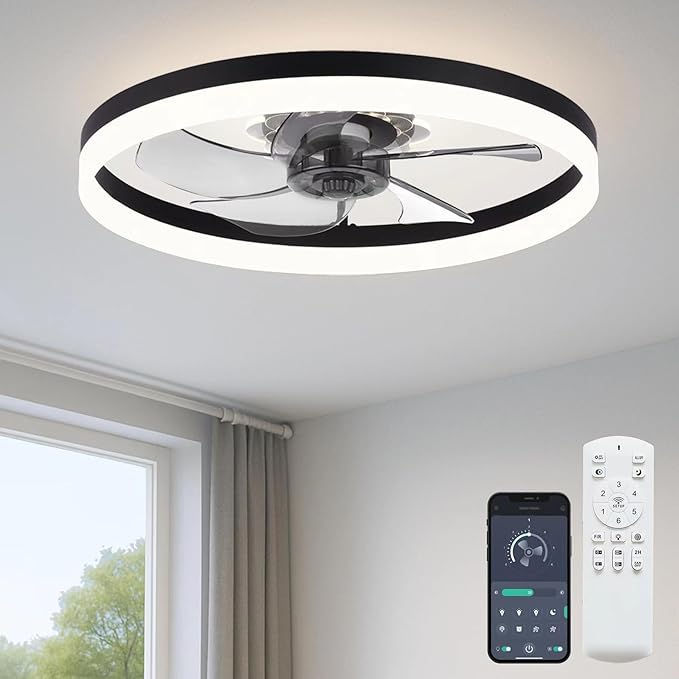 20'' Ceiling Fan with Light, Upgraded Low Profile Fan, Flush Mount Ceiling Fan, 6 Speeds, Dimmable LED, App & Remote Control, Quiet DC Motor, for Bedroom, Living Room, F115 Black