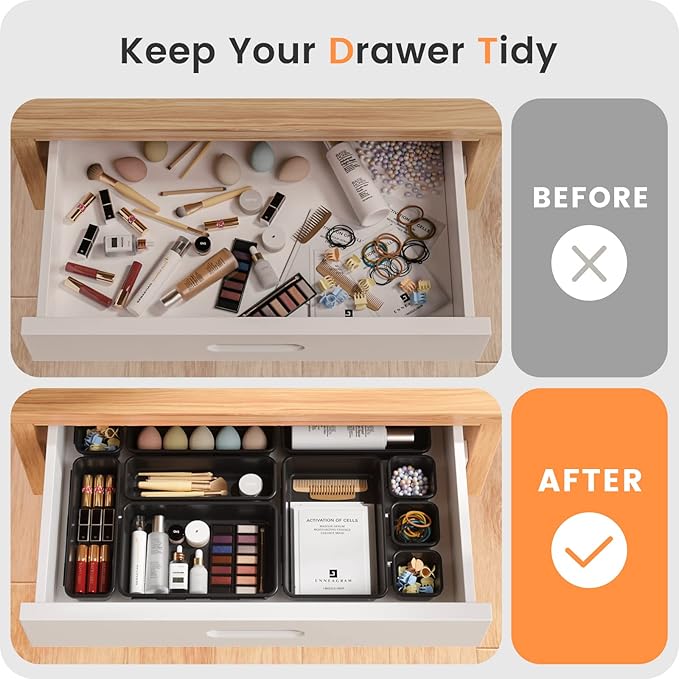 【Military Grade】A-LuGei Drawer Organizer,【】Makeup organizer,【Holds 177 Items】Bathroom Organizers and Storage,Organization and Storage,Desk Drawer Organizer for Vanity【Black】