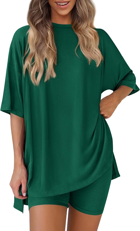 PRETTYGARDEN Women 2 Piece Lounge Set 2026 Summer Casual Oversized Shirts Biker Shorts Matching Airport Travel Outfit Clothes