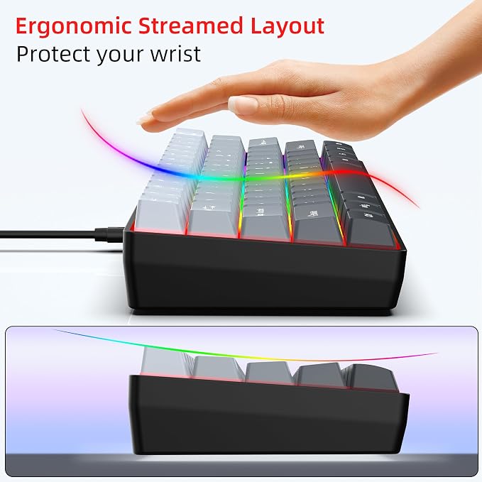 Snpurdiri 60% Wired Gaming Keyboard, 61 Keys RGB (Grey-Black) | Backlit Ultra-Compact Small Gaming Keyboard, for PC/Mac Gamer, Typist, Travel, Easy to Carry on Business Trip