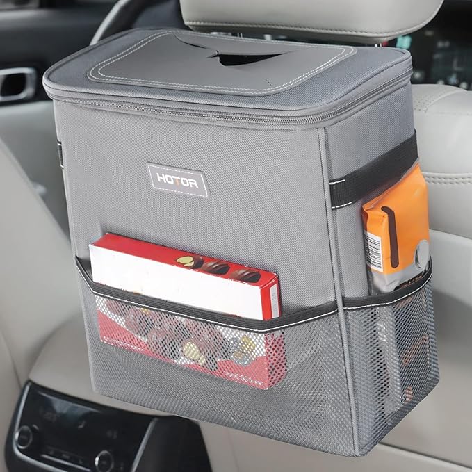 HOTOR 3 Gallons Car Trash Can, Ultra Large Capacity Organizer and Storage with Adjustable Straps & Magnetic Snaps, Waterproof Car Accessory for Interior Car Stuff Storage, Gray